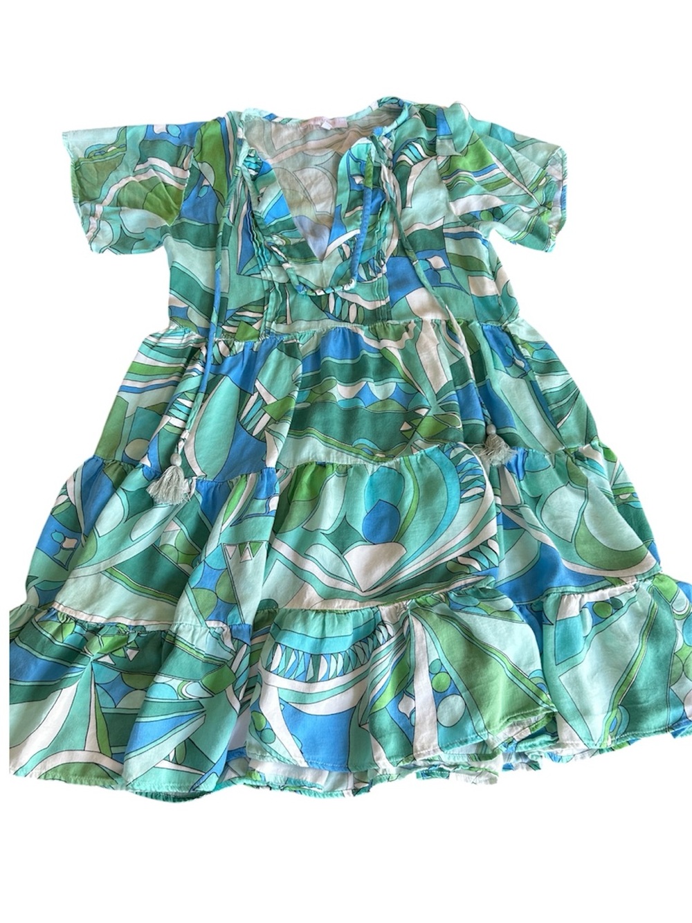Olivaceous 70’s blue green white print tunic mini dress short sleeve